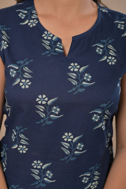 Navy Blue Printed Sleeveless Kurti Top for Women