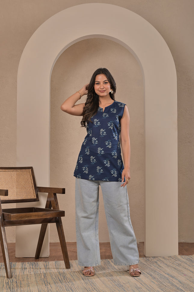 Navy Blue Printed Sleeveless Kurti Top for Women