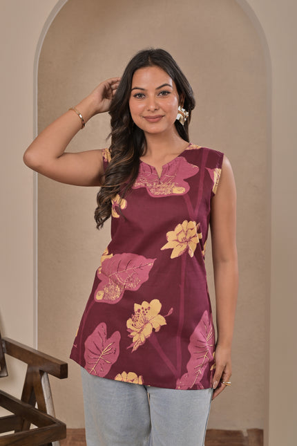 Women’s Maroon Floral Sleeveless Kurta Top