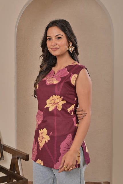 Women’s Maroon Floral Sleeveless Kurta Top