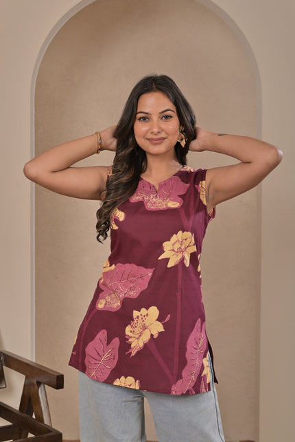 Women’s Maroon Floral Sleeveless Kurta Top
