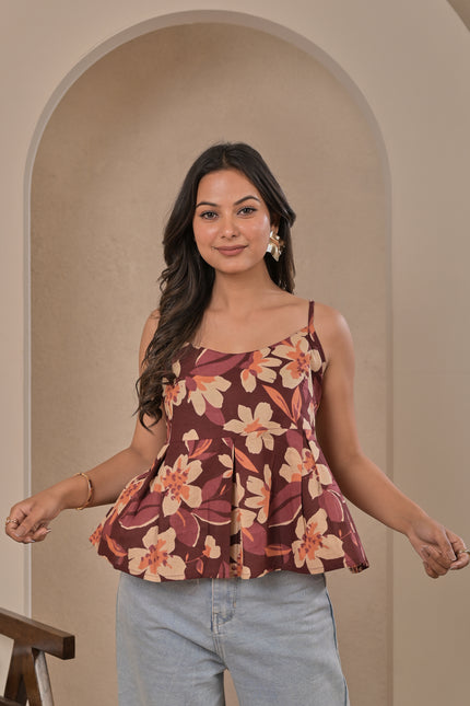 Women’s Summer Floral Peplum Top – Maroon
