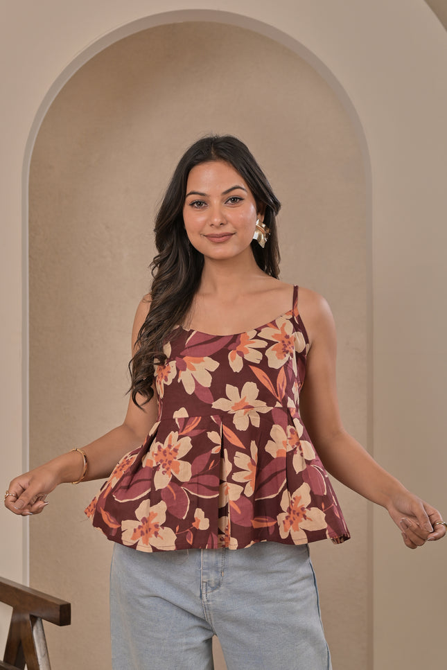 Women’s Summer Floral Peplum Top – Maroon
