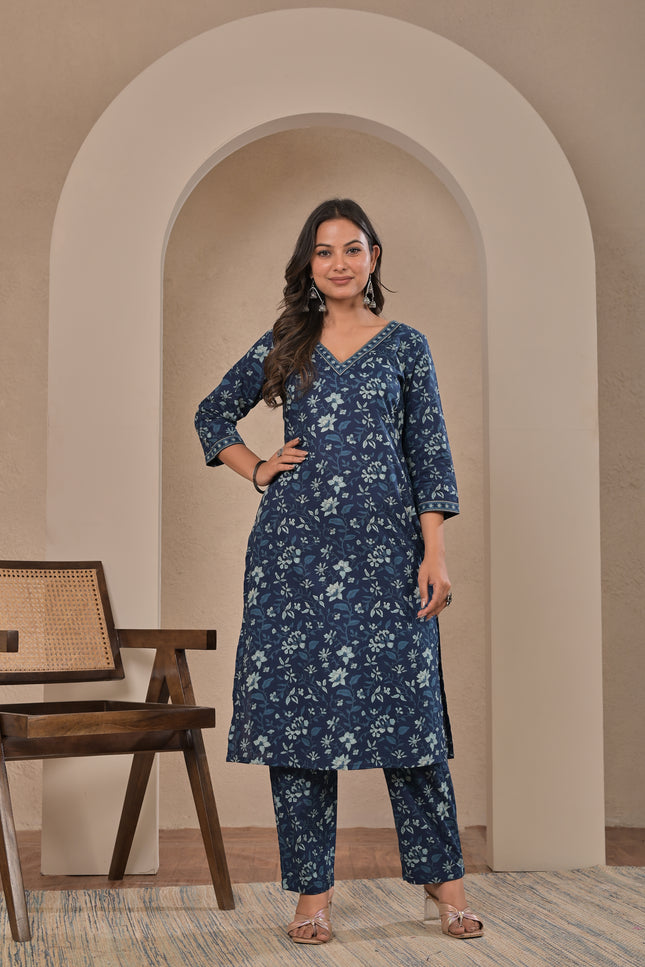 Blue Floral Printed Kurta Pant Set for Women