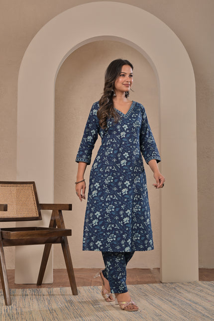 Blue Floral Printed Kurta Pant Set for Women