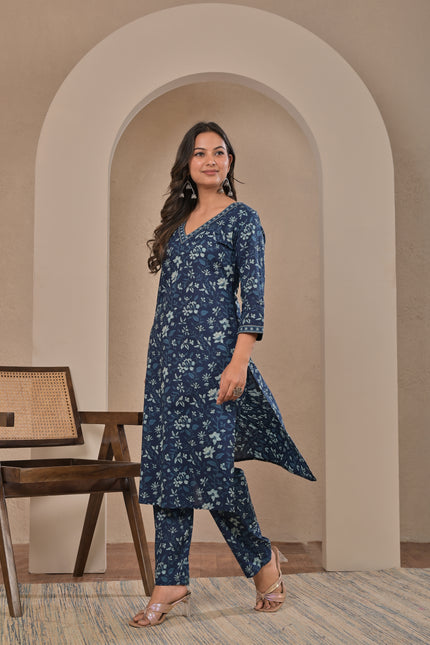 Blue Floral Printed Kurta Pant Set for Women