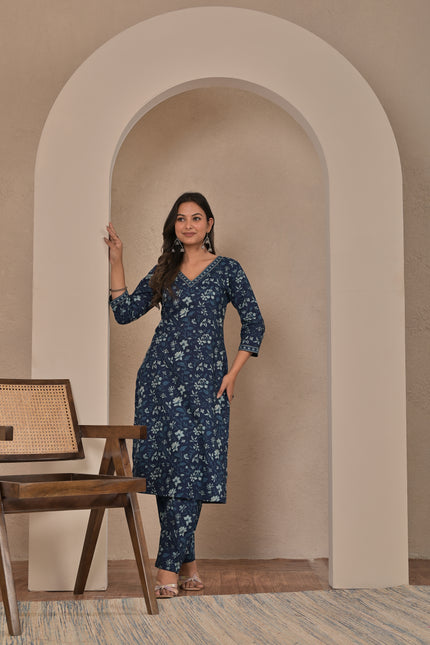Blue Floral Printed Kurta Pant Set for Women