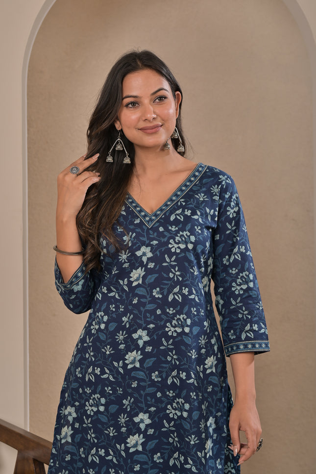 Blue Floral Printed Kurta Pant Set for Women