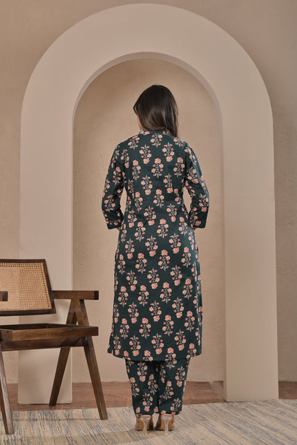 Dark Green Floral Printed Kurta Pant Set for Women