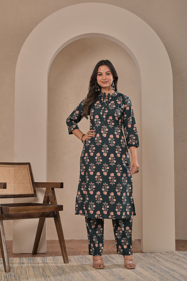 Dark Green Floral Printed Kurta Pant Set for Women
