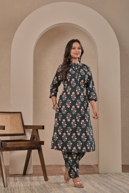 Dark Green Floral Printed Kurta Pant Set for Women
