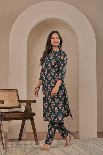 Dark Green Floral Printed Kurta Pant Set for Women