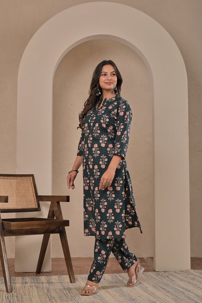 Dark Green Floral Printed Kurta Pant Set for Women