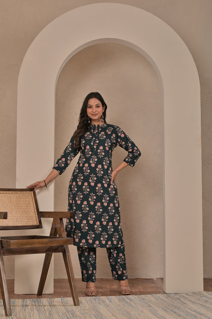 Dark Green Floral Printed Kurta Pant Set for Women