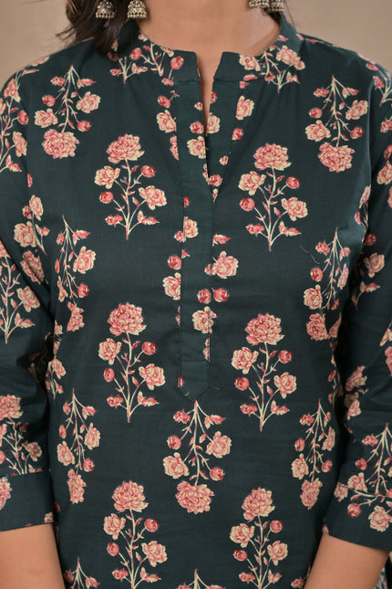 Dark Green Floral Printed Kurta Pant Set for Women